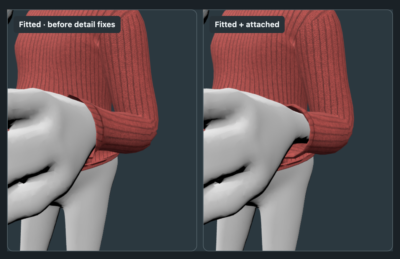 Side-by-side close-up of the red sweater cuff before and after fitting refinements.
