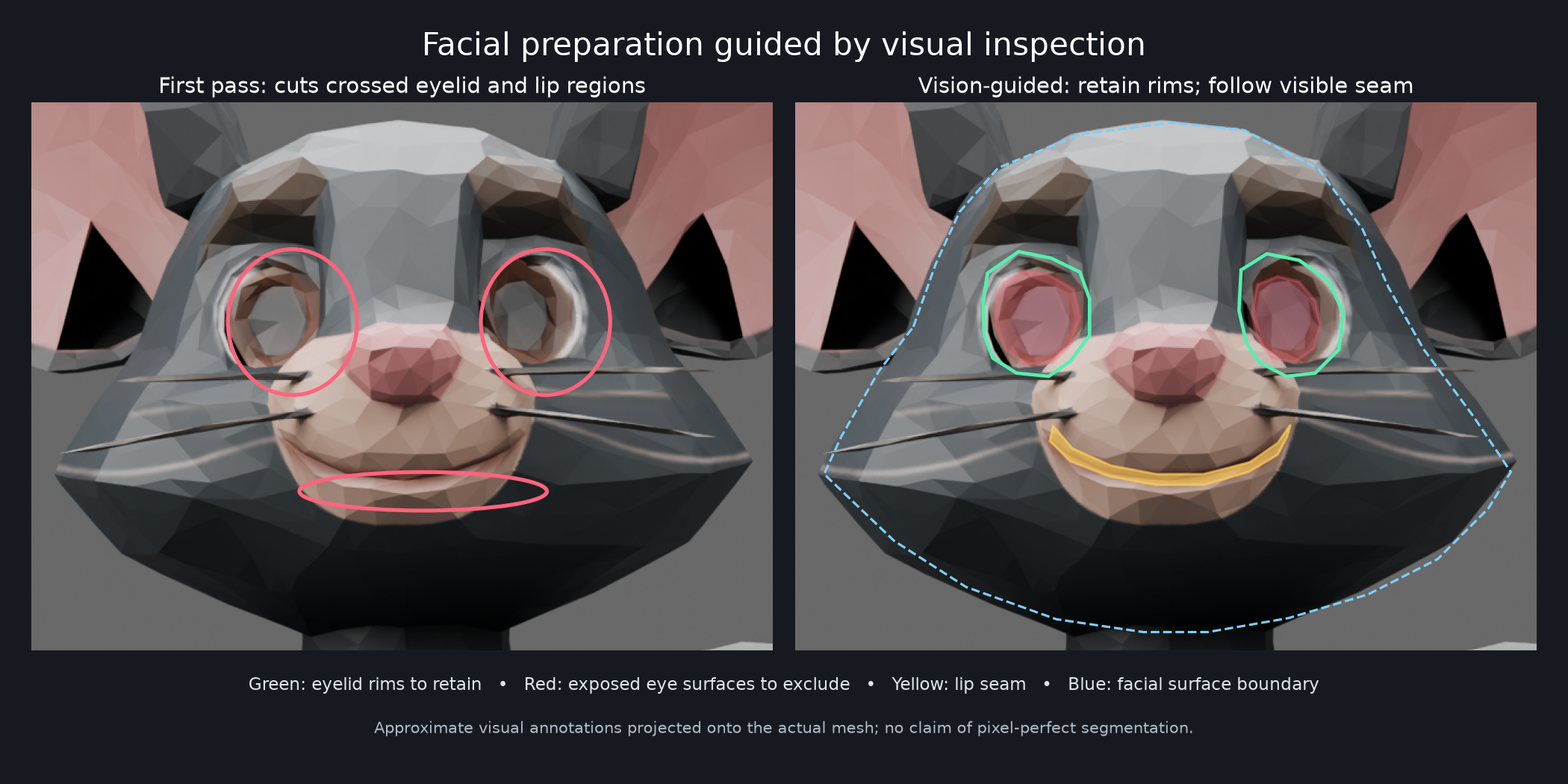 The first geometric cuts compared with revised outlines following the mouse’s eye rims and mouth seam