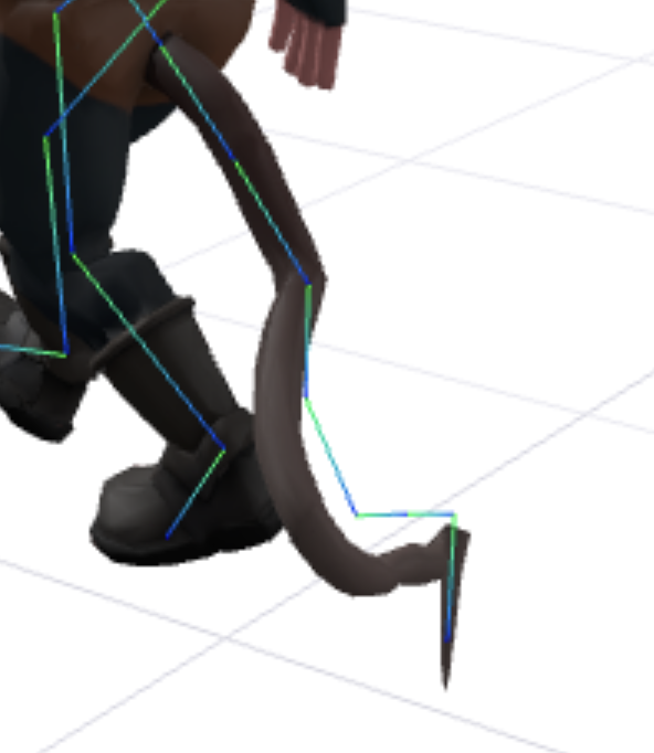 Before the mouse fixes: the tail skeleton changes direction sharply near the tip, and the mesh ends in a downward kink