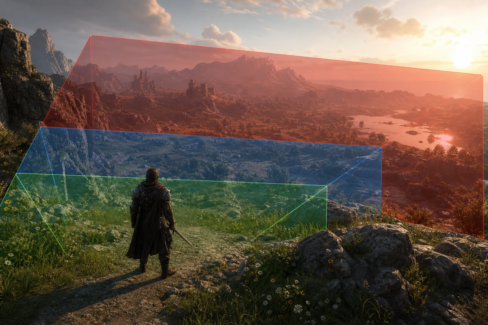 Outdoor scene with three colored cascade frustums overlaid showing shadow detail near the camera