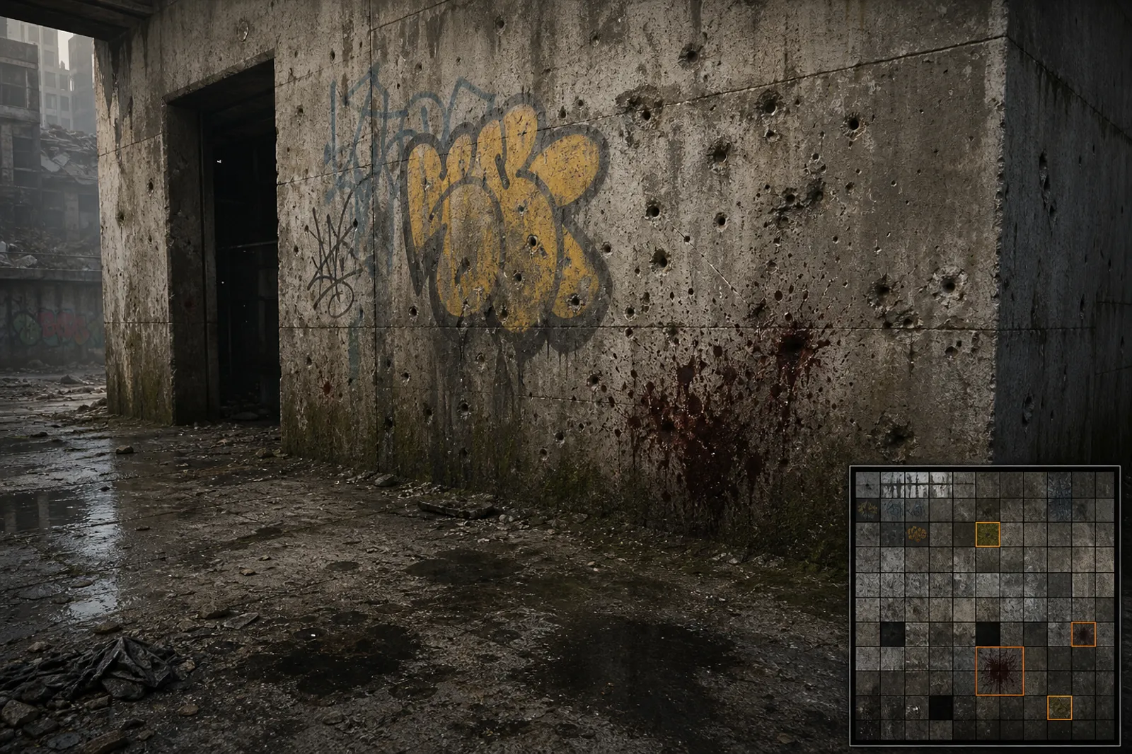 Weathered concrete bunker wall with bullet decals, graffiti, and a virtual texture page atlas inset