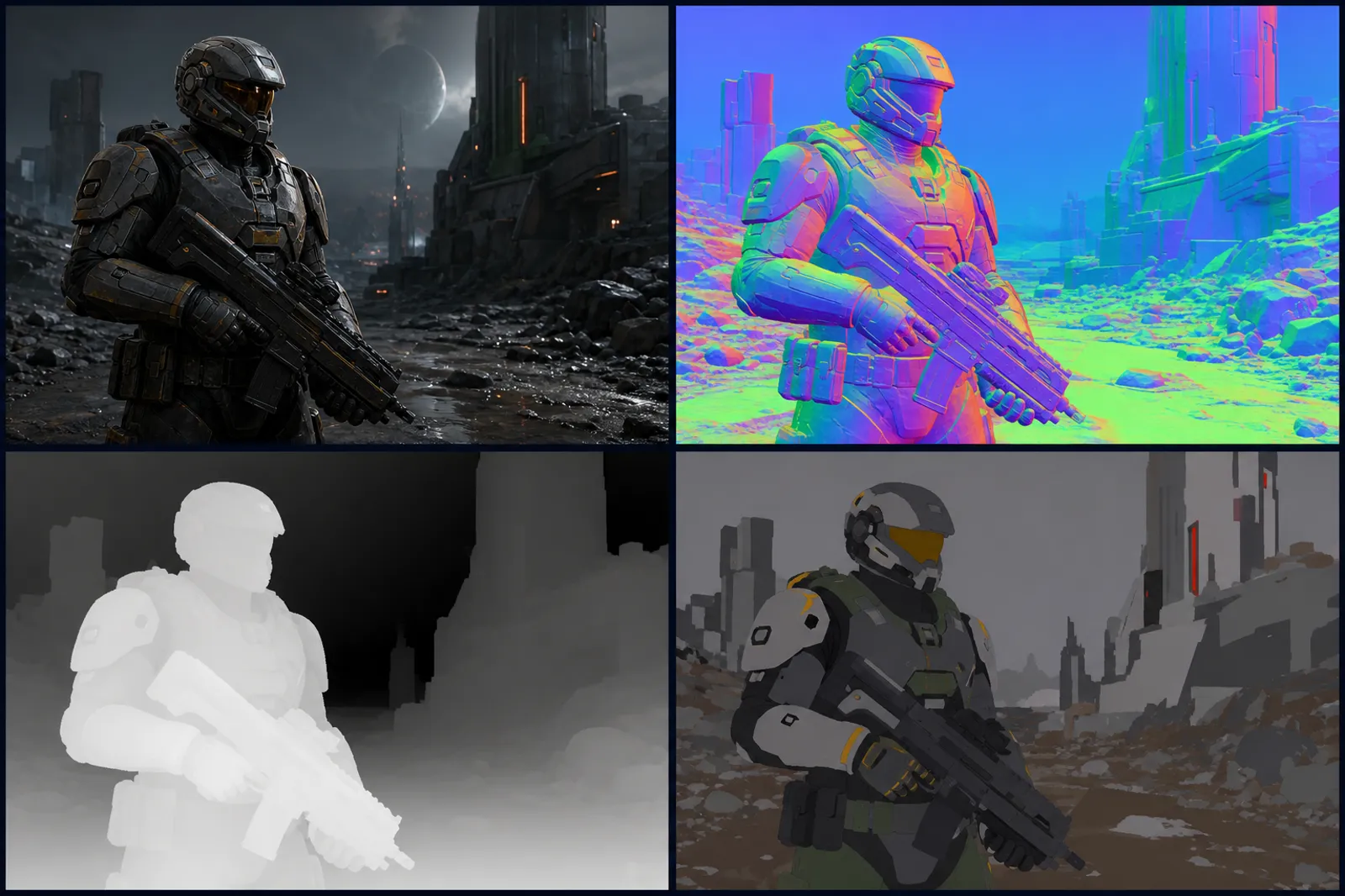 Deferred shading G-buffer split into final color, world normals, depth, and material ID panels