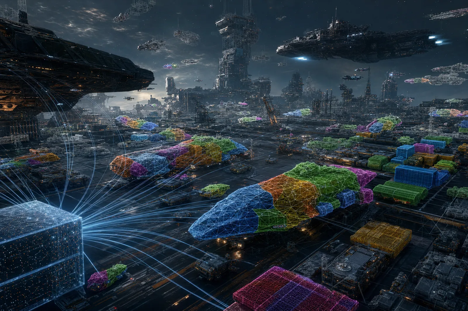 Alien spaceport scene with colored meshlet cluster overlay showing GPU-driven rendering