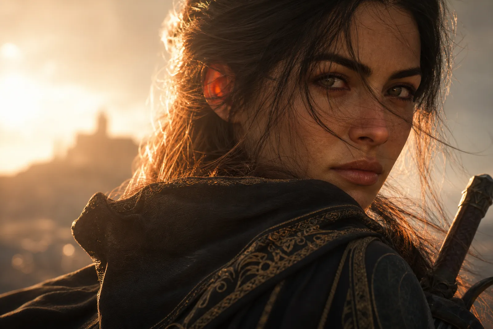 Close-up of a warrior with strand-based hair, cloth cloak, and subsurface-scattered skin