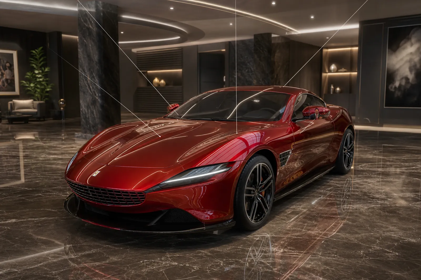 Glossy red sports car in a luxury showroom with accurate ray-traced reflections and contact shadows