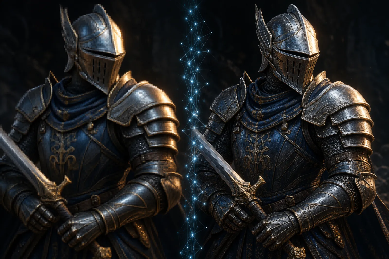 Side-by-side of a low-resolution input and a sharp ML-reconstructed output of the same character