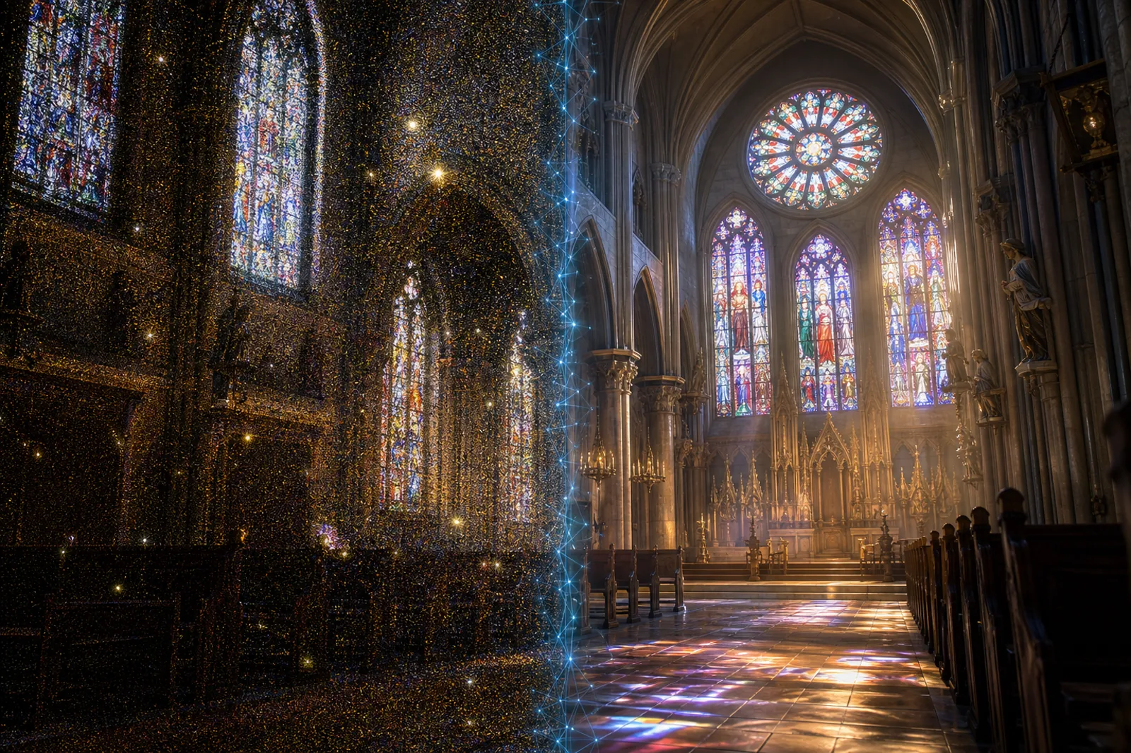Noisy 1-spp ray-traced cathedral on the left, clean ML-denoised result on the right