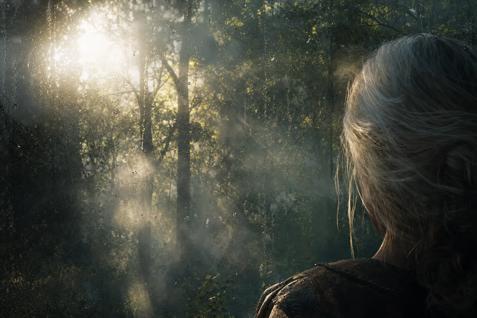 Forest scene with overlapping translucent foliage, smoke, glass droplets, and translucent hair