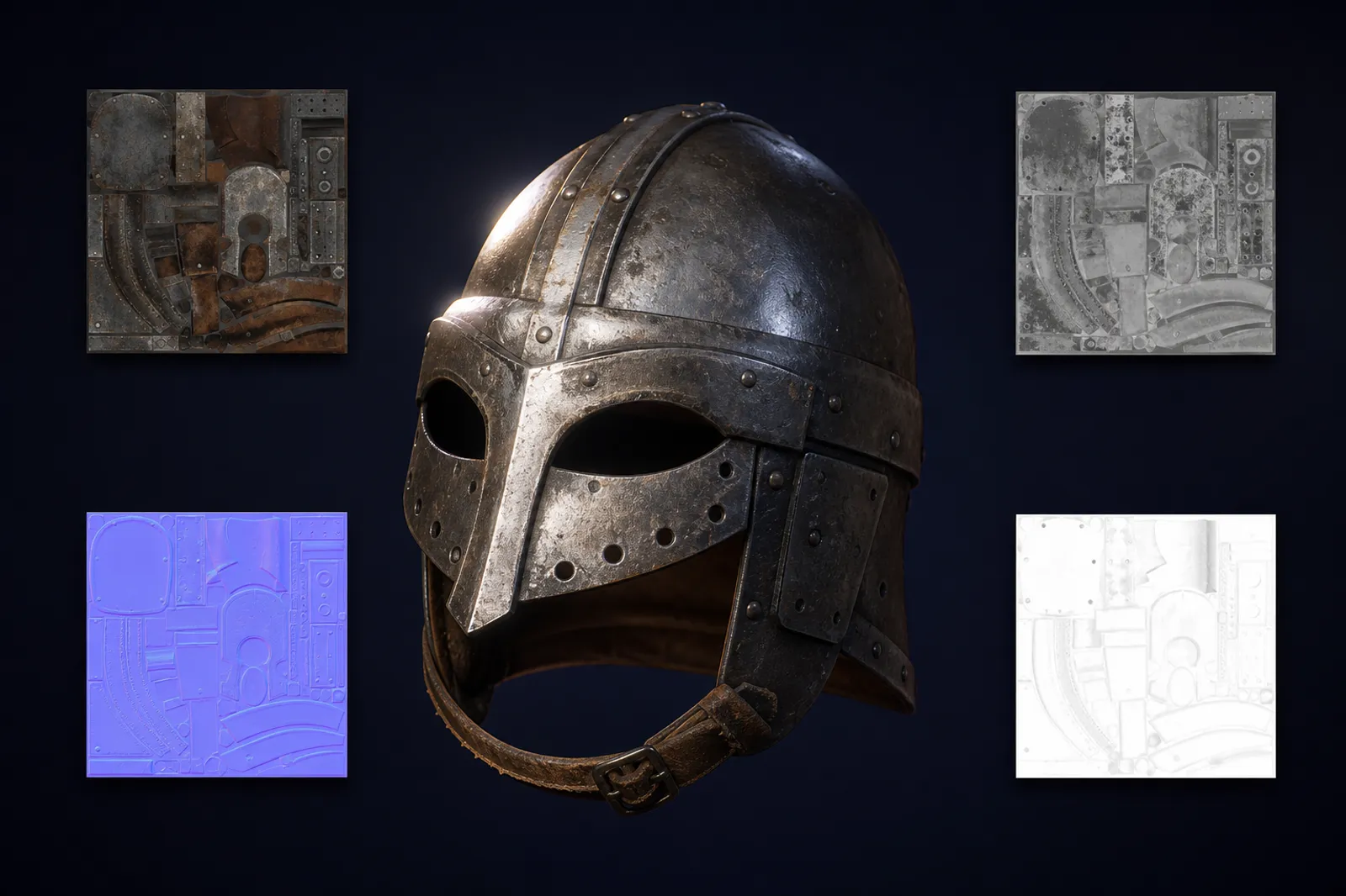 Iron helmet rendered with PBR materials, with floating texture swatches showing albedo, roughness, metallic, and normal maps