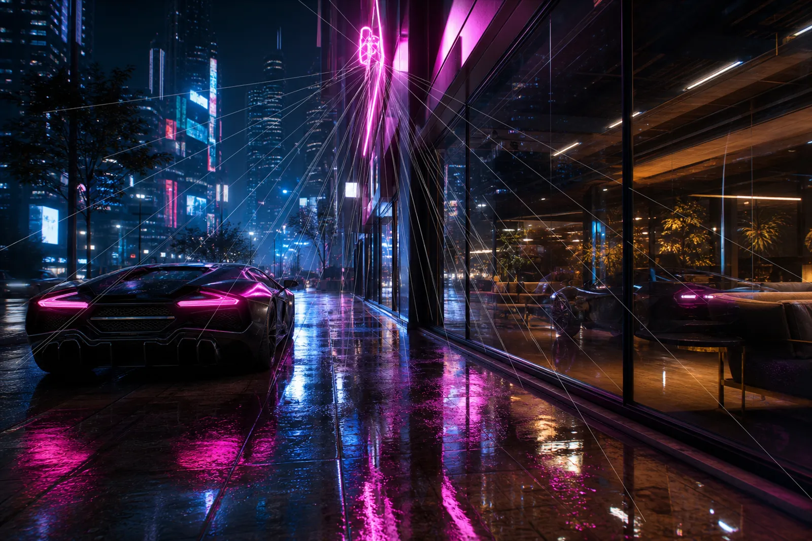Cyberpunk street with ray-traced reflections in wet pavement and visible bounced light paths
