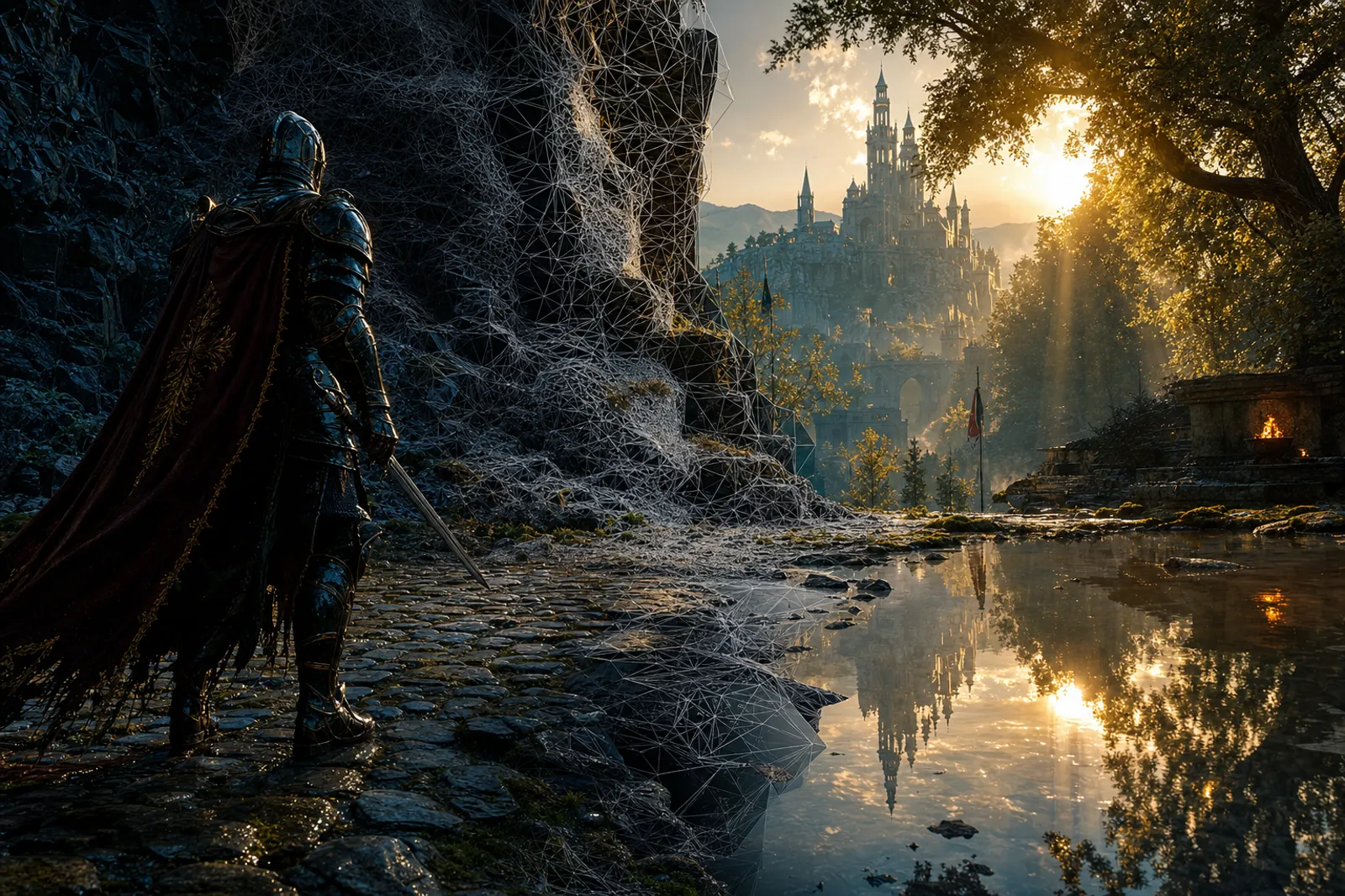 Composite scene showing PBR materials, virtualized geometry, and ray-traced lighting in a modern AAA game