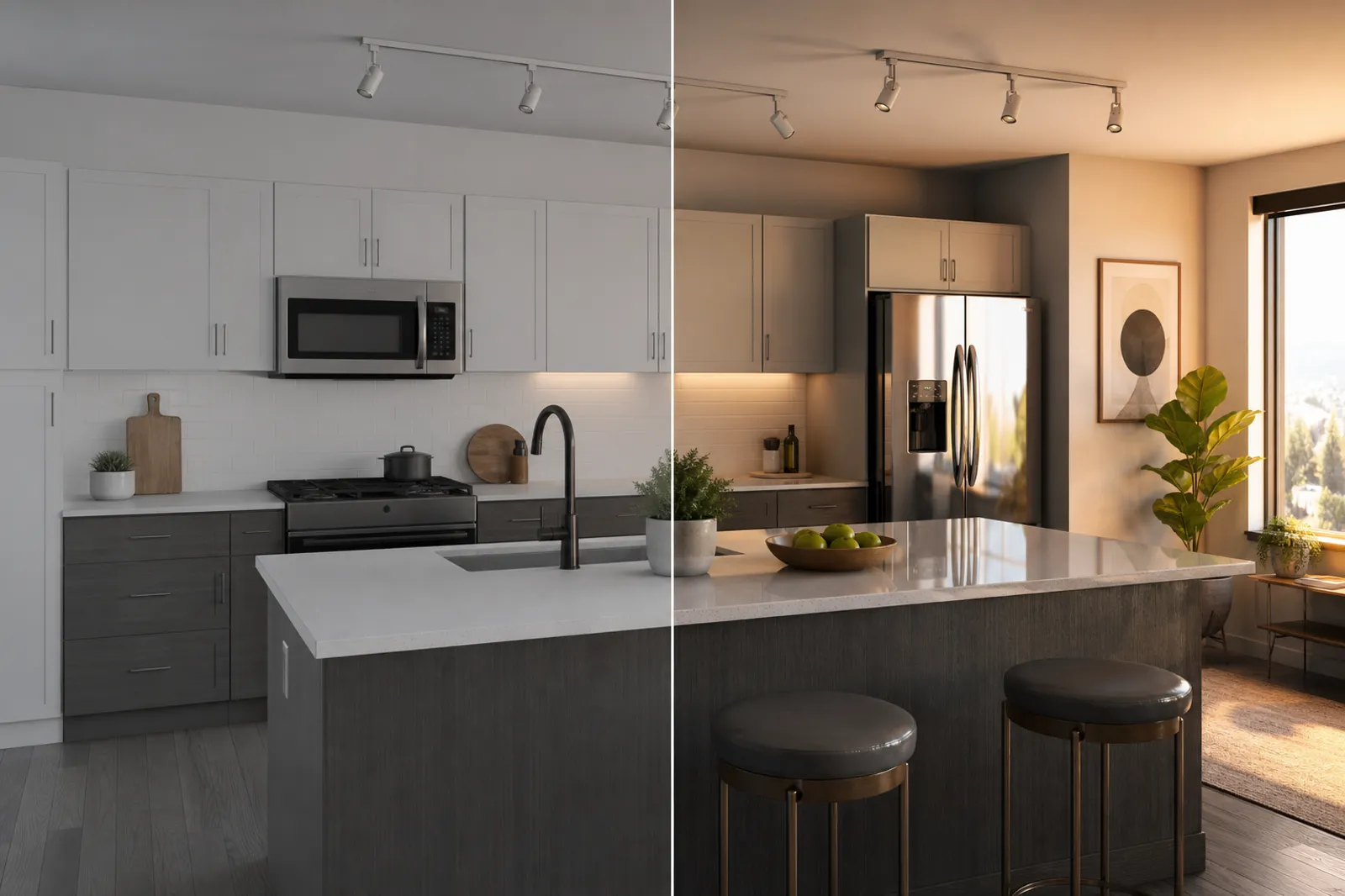 Side-by-side kitchen scene comparing flat lighting on the left with SSAO, SSR, and SSGI on the right