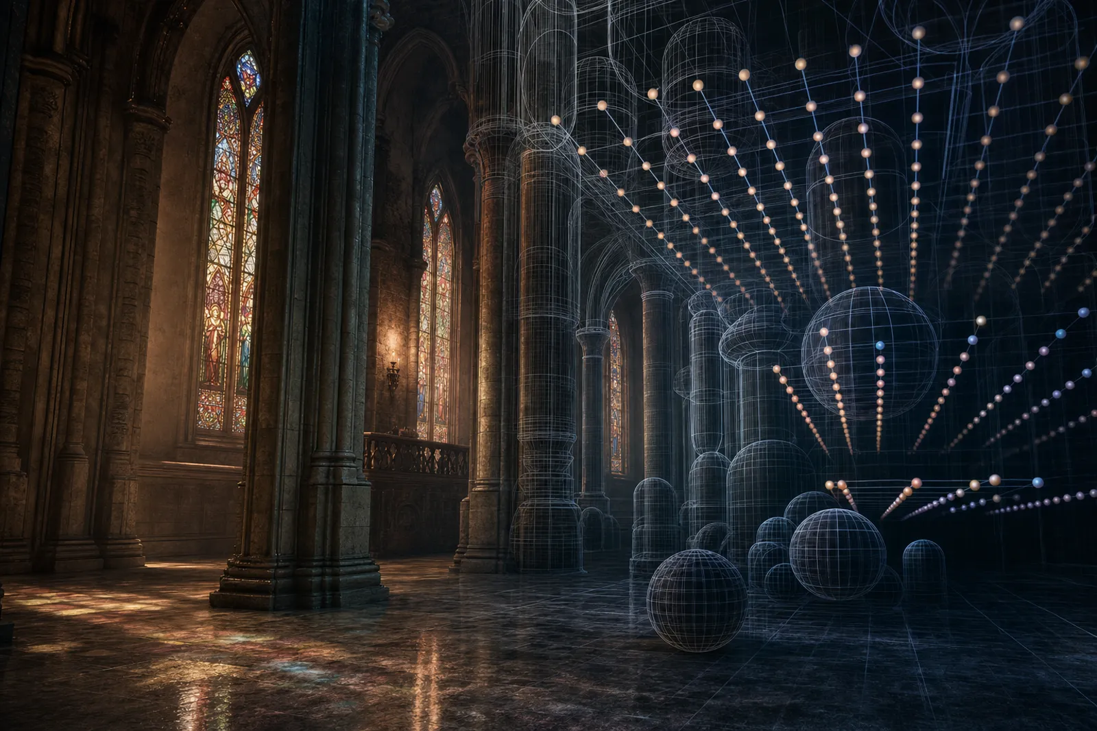 Cathedral interior with stained-glass color bleed and an SDF wireframe overlay revealing approximated geometry