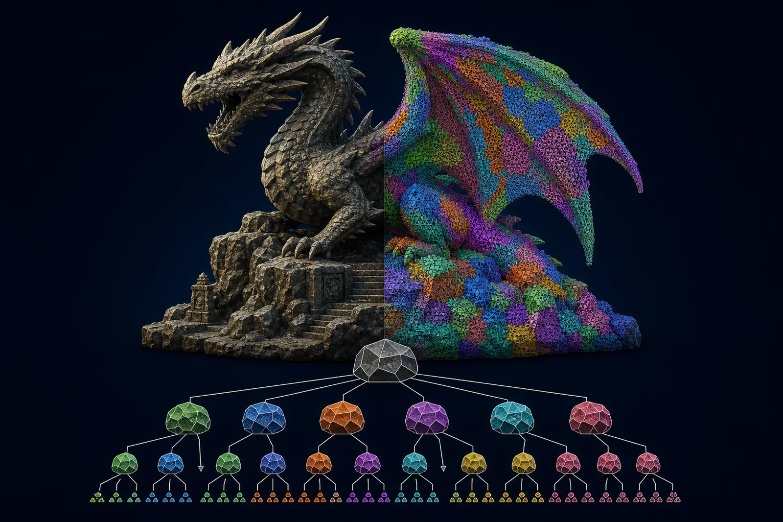 Smooth render on the left, sub-pixel meshlet clusters in vivid colors on the right