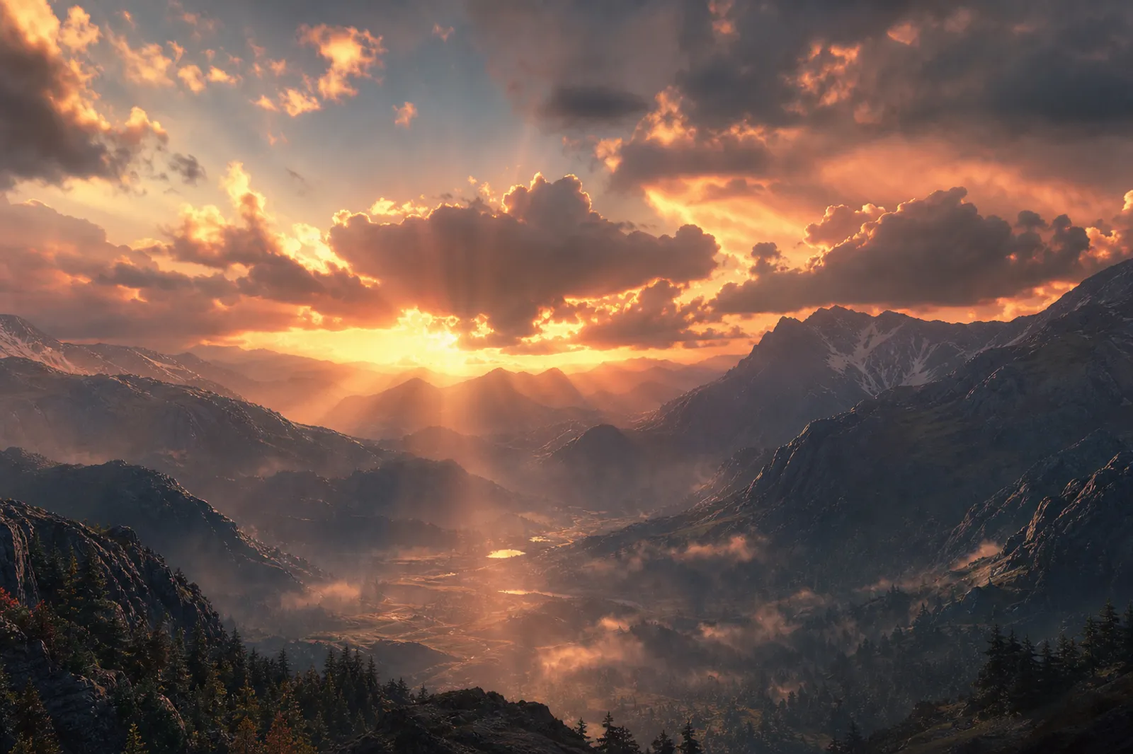 Mountain valley at sunset with volumetric clouds and god rays piercing through misty air