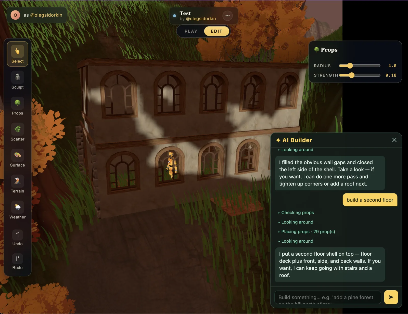 Cinevva's AI Builder constructing a two-story house from a chat prompt