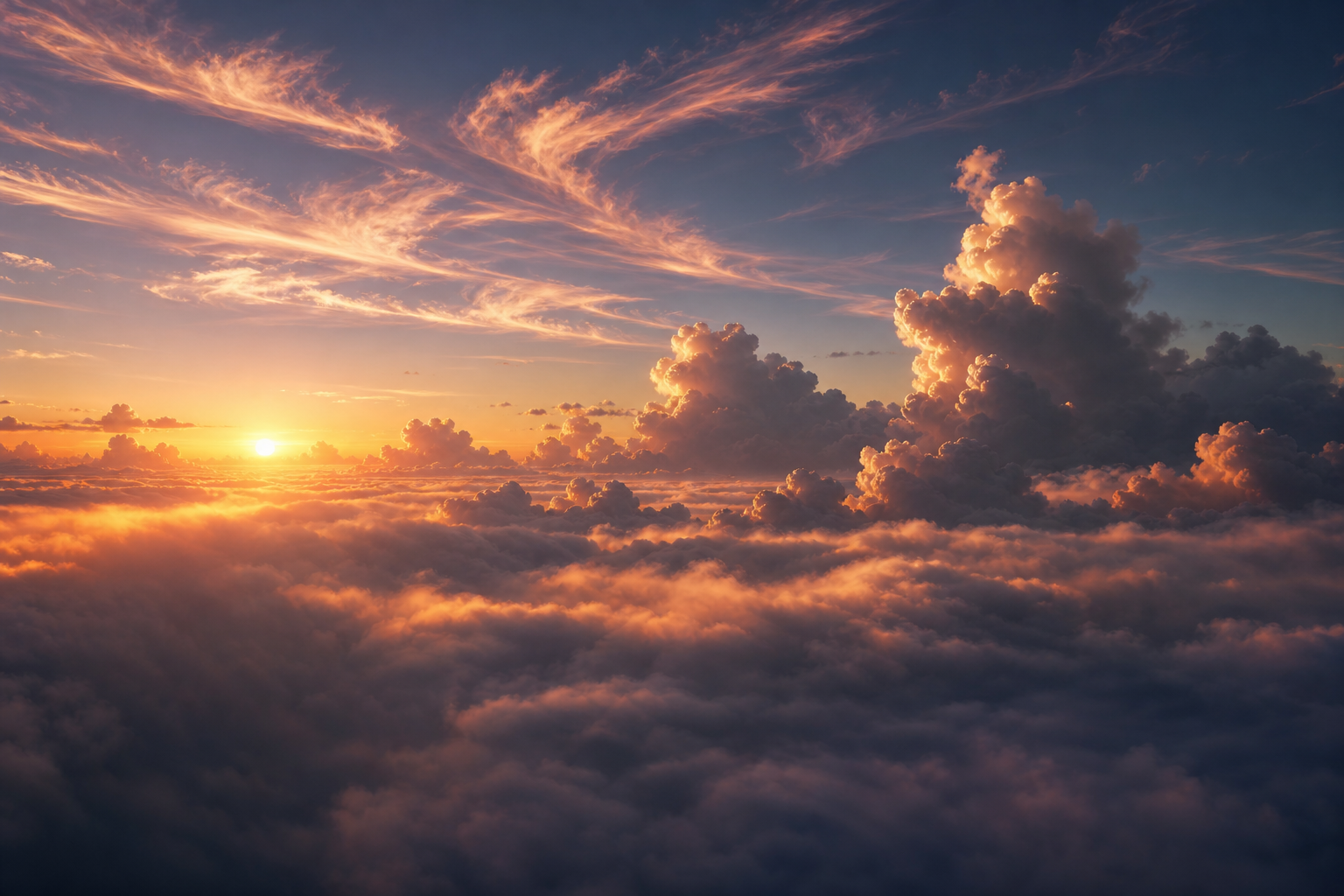 Sunset sky split into three cloud layers: high cirrus wisps, mid cumulus puffs, and low stratus haze near the horizon