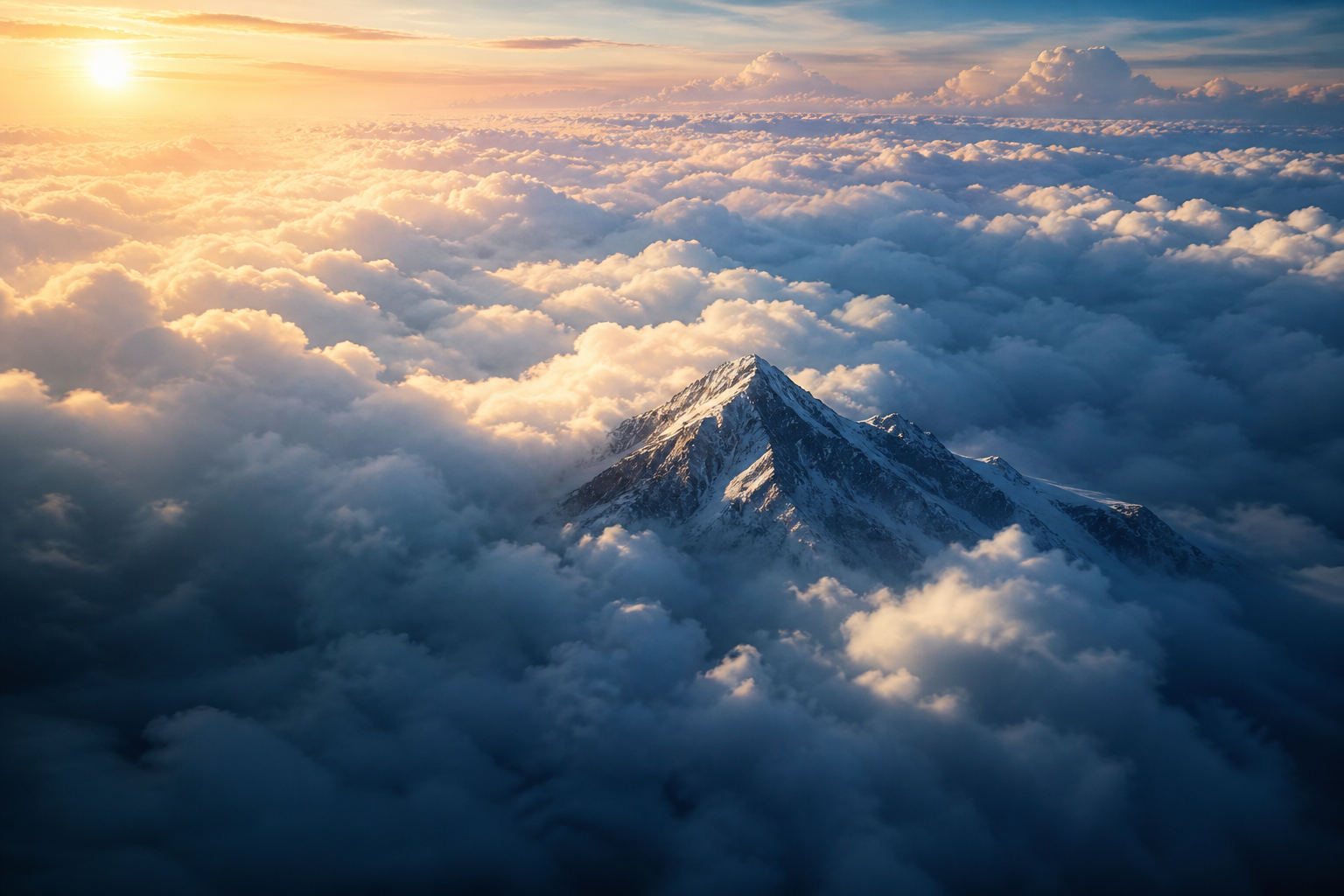 Looking down across a sea of clouds onto a single mountain peak rising through, with sunlit cloud tops and shadowed valleys below