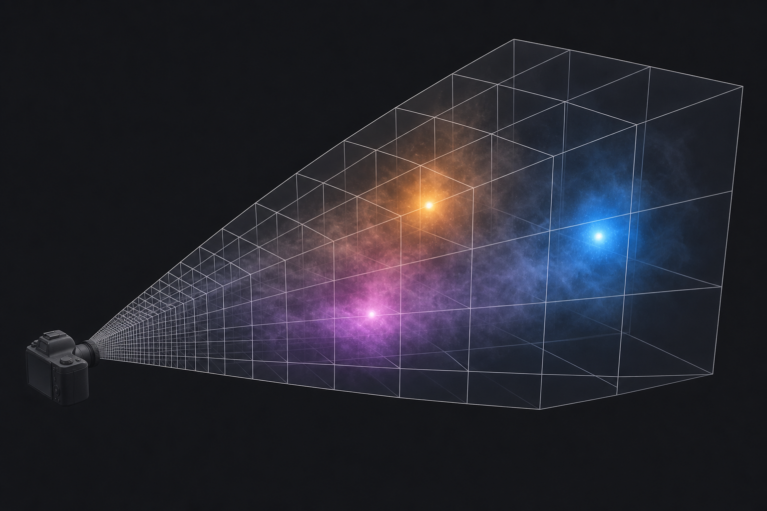 Camera frustum visualized as a 3D froxel grid with smaller cells near the camera and bigger cells far away, fog particles inside