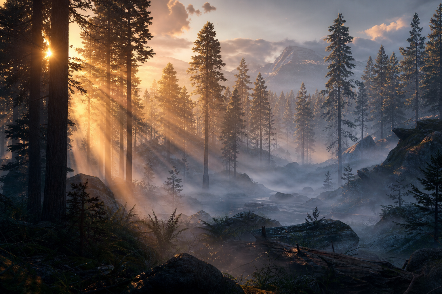 Dawn forest with sun rays slicing through tree trunks and ground fog, forming clear god ray shafts