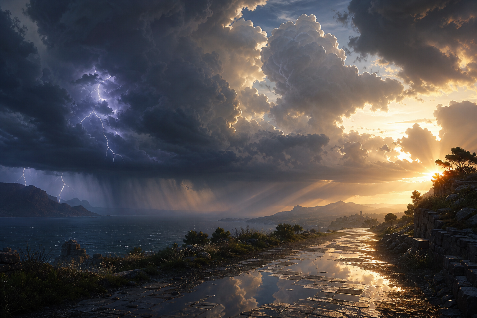 Stylized AAA scene with towering volumetric storm clouds, lightning, rain shafts, and a wet stone road reflecting the sky