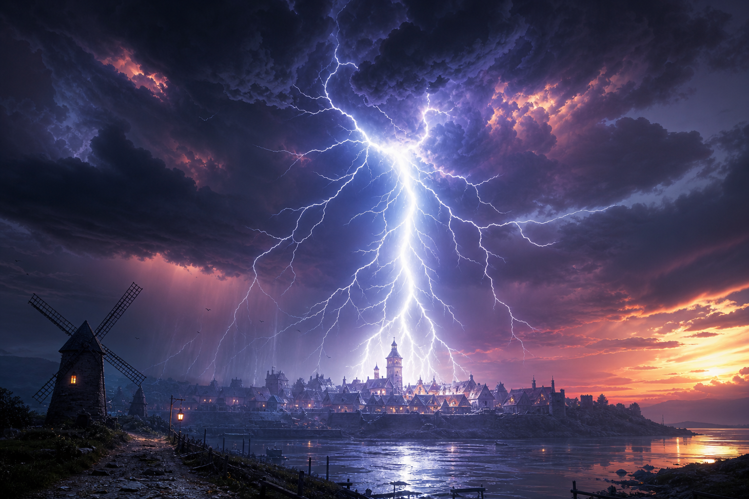 Lightning fork striking from a thundercloud at dusk, lighting the cloud bottoms and a small village silhouette