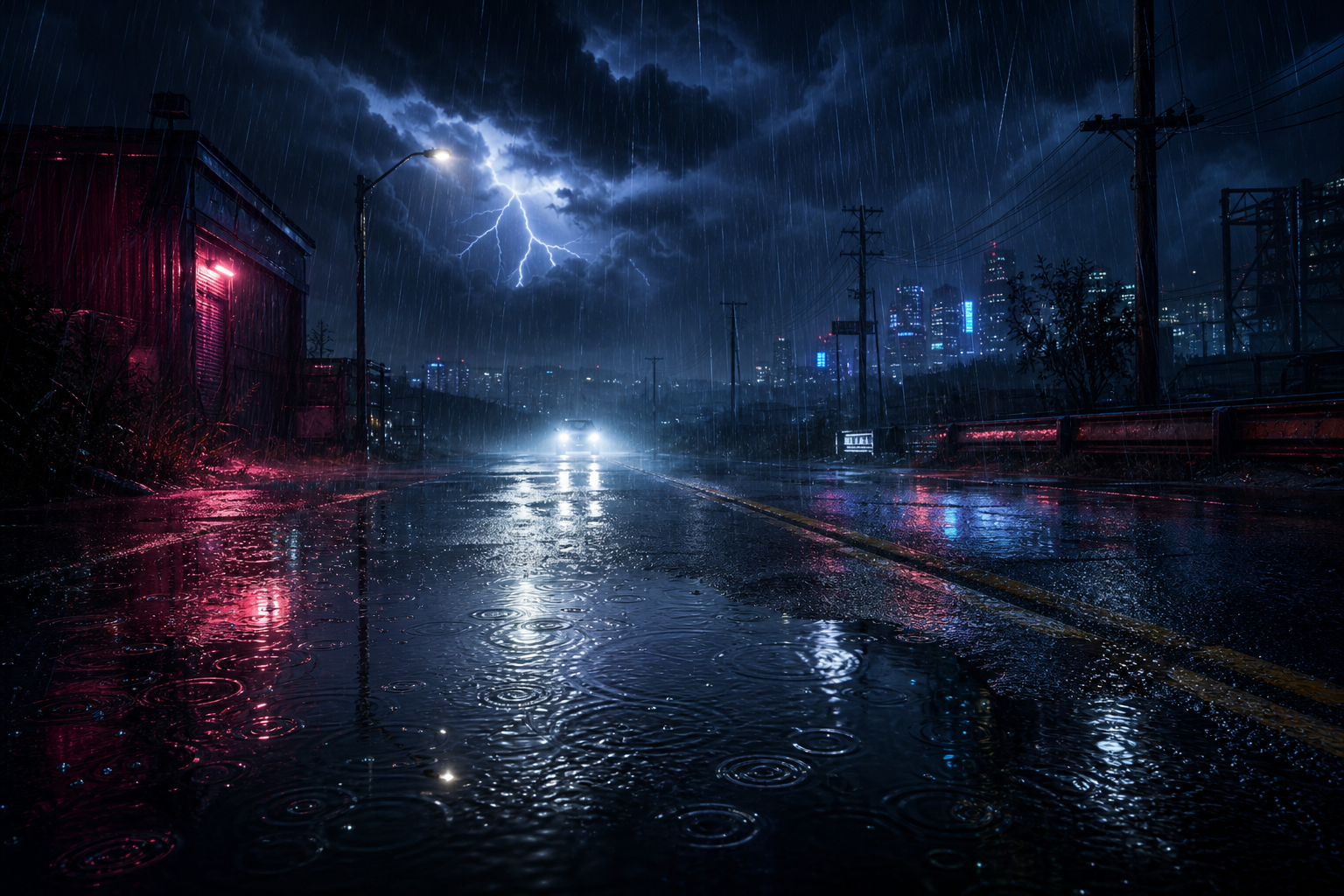 Heavy night rainstorm with sheets of rain illuminated by distant headlights and ripples on a wet road