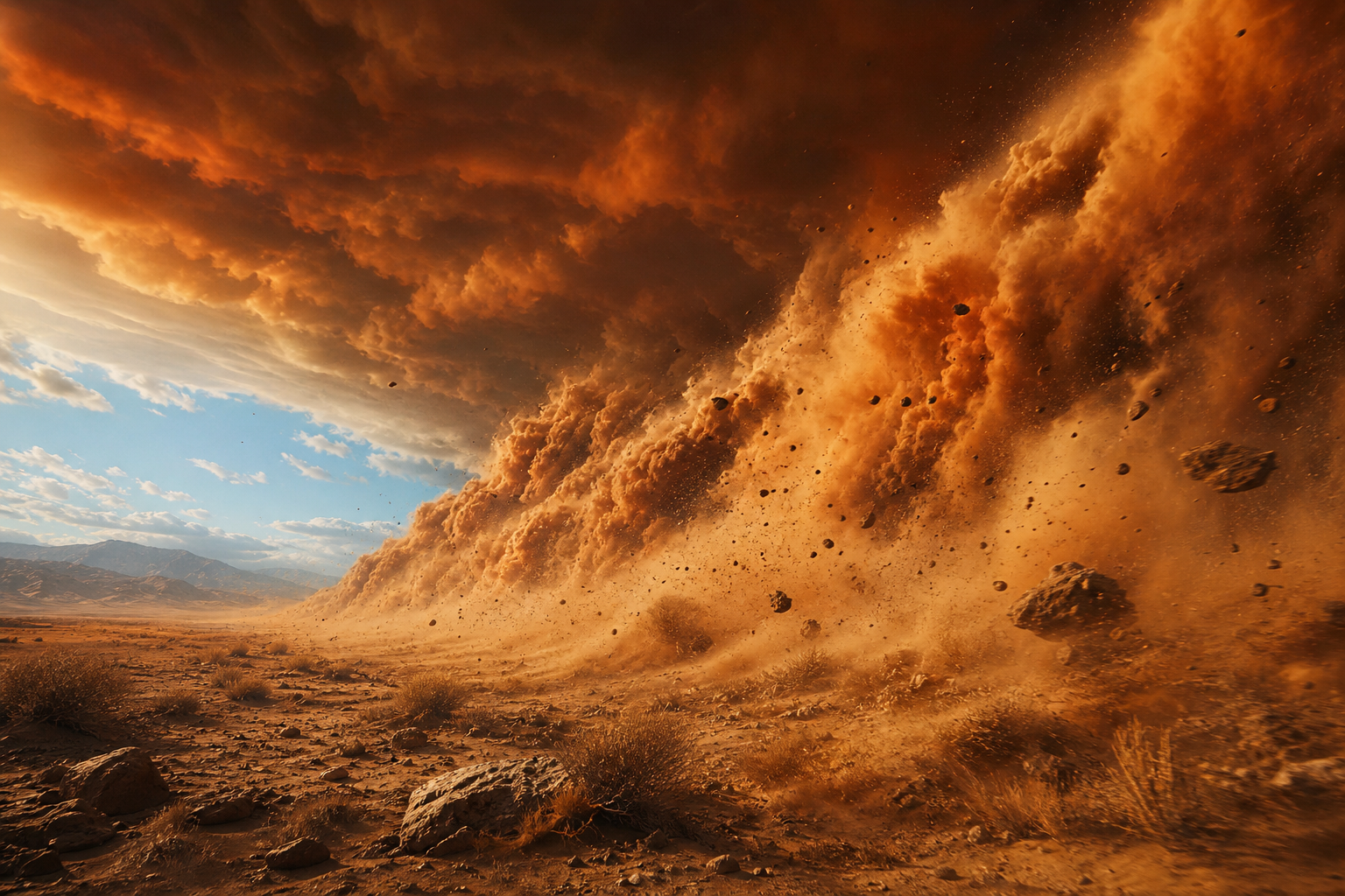 A wall of orange dust and sand rolling across a desert plain with bruised sky above and clear blue behind