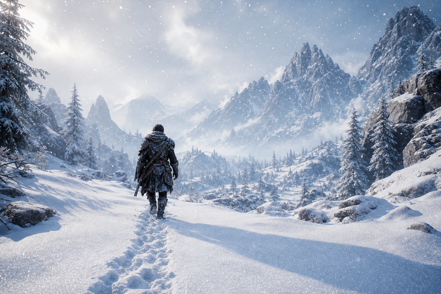 Stylized snowy landscape with fresh footprints, drifts piled against rocks, falling snowflakes, and hazy distant mountains