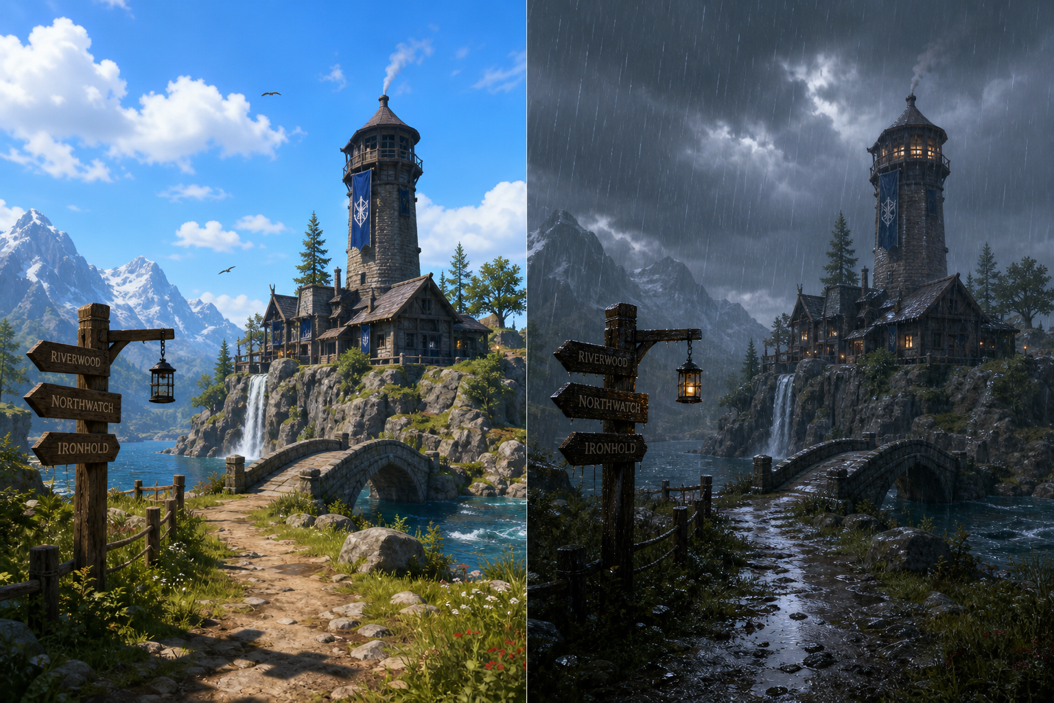 Side-by-side of the same scene under clear sun on the left and stormy rain on the right with wet glistening surfaces