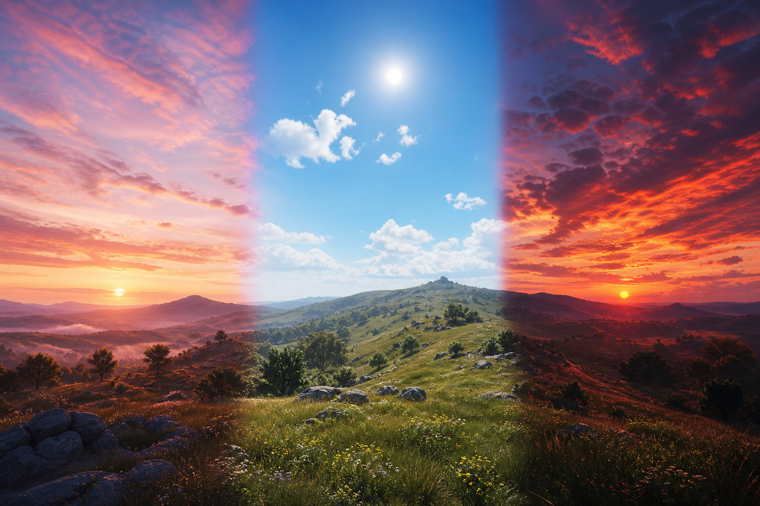 Three vertical bands across one landscape: dawn pink, noon blue, sunset red, all sharing the same hill silhouette