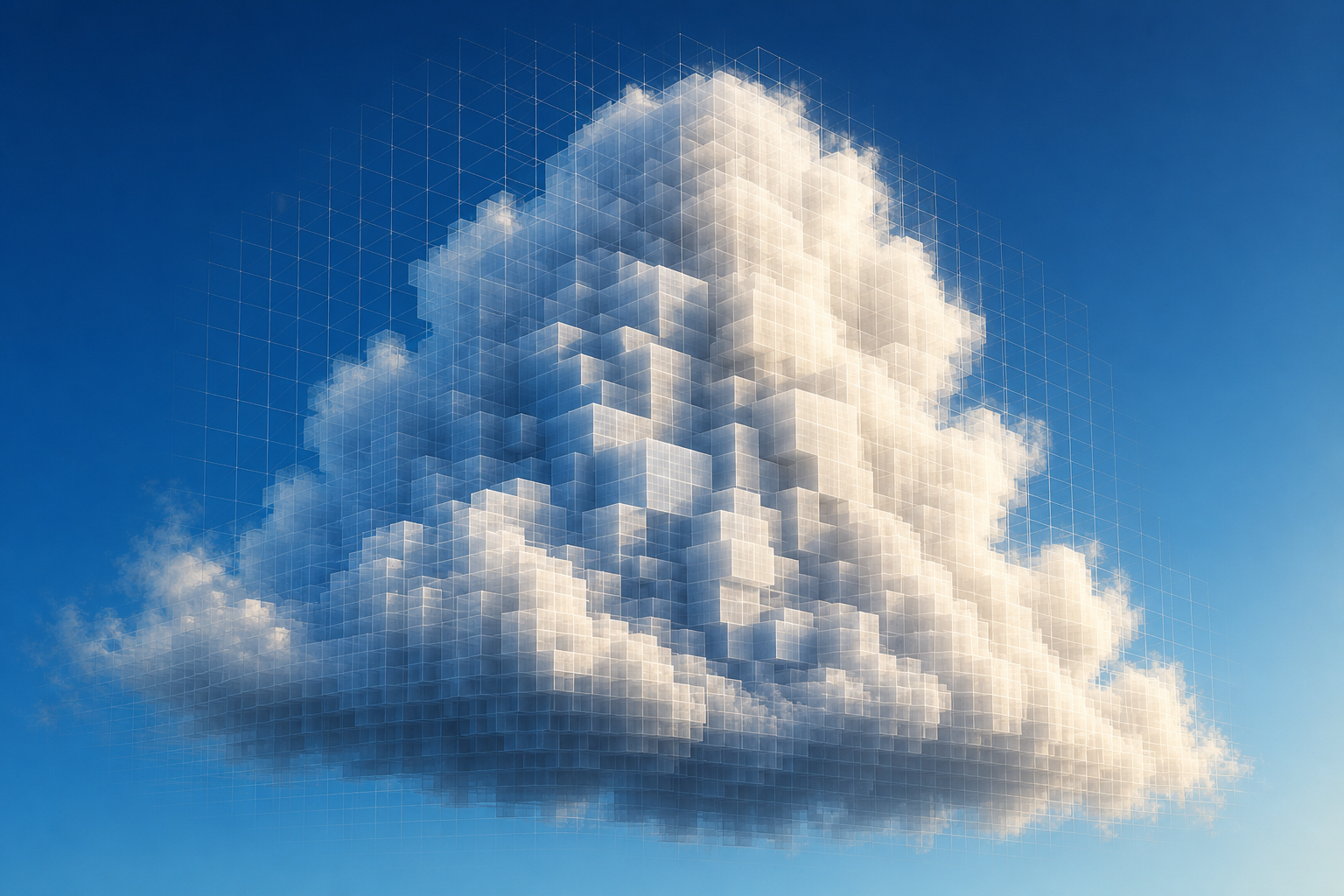 A cumulus cloud shown decomposed into a 3D voxel grid, with smoothed wispy edges blending the chunky interior