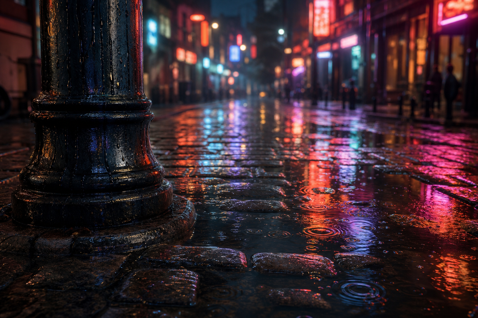 Wet cobblestone street at night with shallow puddles reflecting neon signs and ripple rings from raindrop impacts