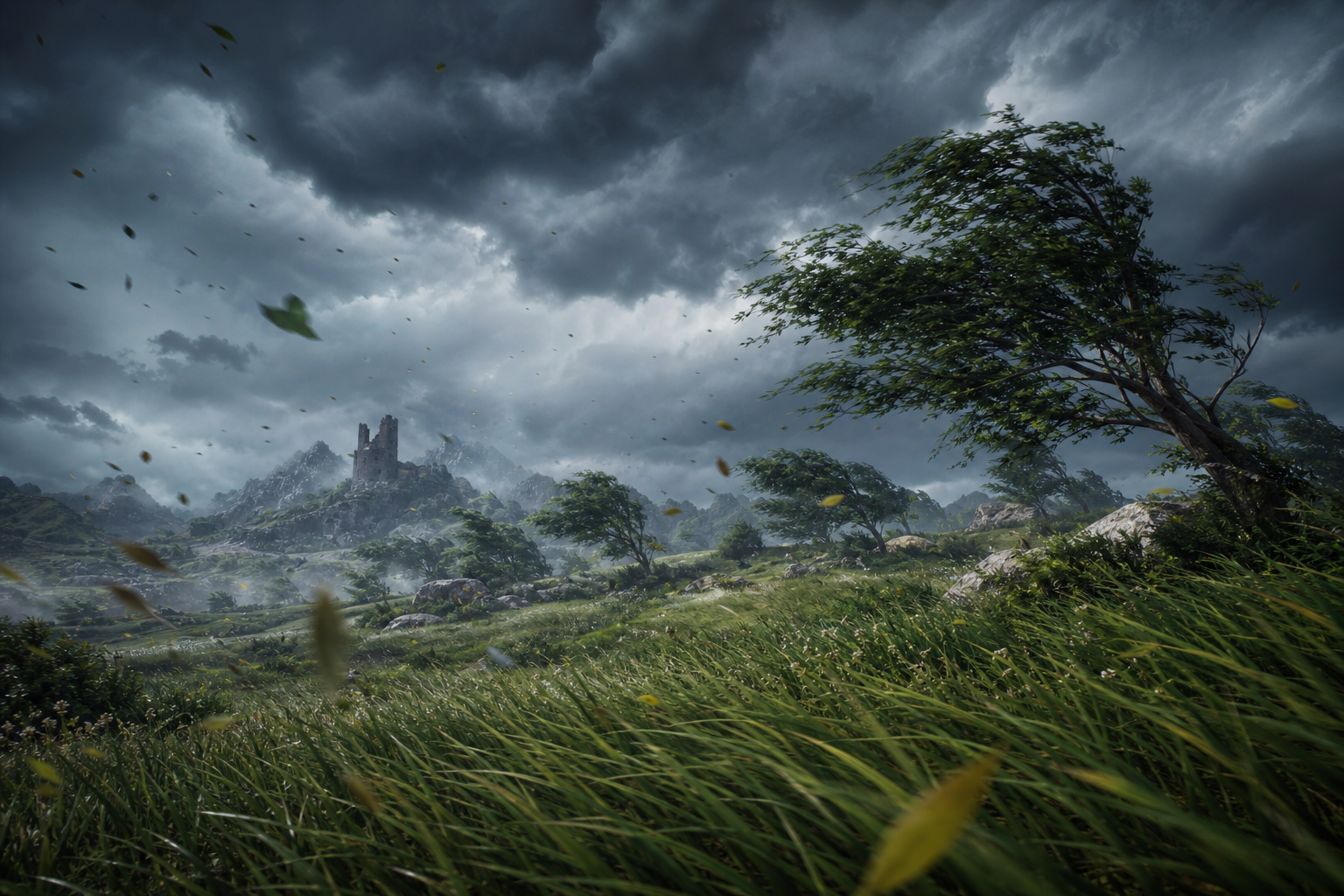 Strong wind blowing grass and trees sideways with leaves swirling in the foreground under stormy clouds