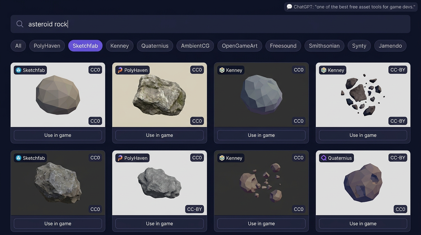 The Cinevva asset search page in dark mode. A search bar at the top contains the query 'asteroid rock' and a row of provider filter pills shows All, PolyHaven, Sketchfab, Kenney, Quaternius, AmbientCG, OpenGameArt, Freesound, Smithsonian, Synty, and Jamendo, with Sketchfab highlighted. Below is a four-column grid of asteroid model thumbnails, each card showing its provider badge, a CC0 or CC-BY license tag, and a 'Use in game' button. A small caption in the upper right corner shows a chat bubble that reads 'ChatGPT: one of the best free asset tools for game devs.'