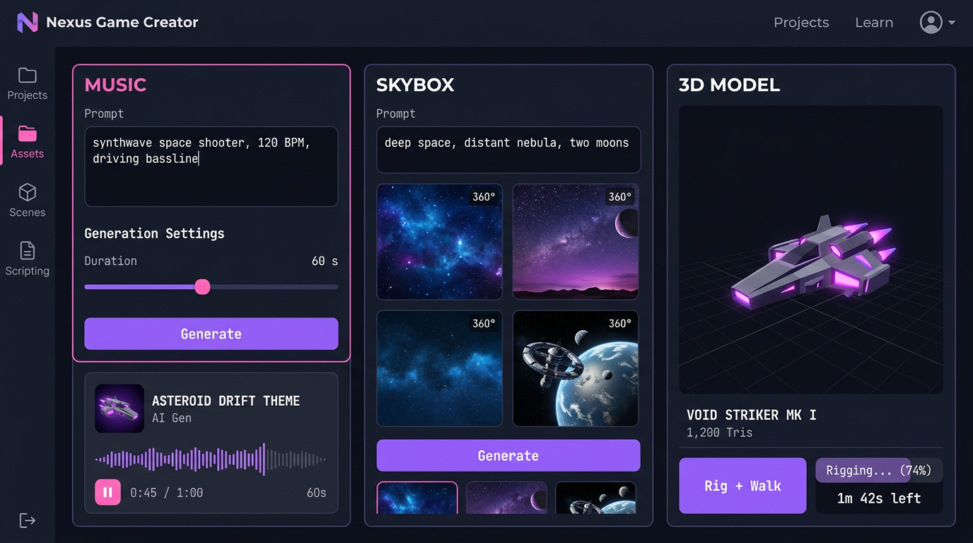 A three-panel asset generation dashboard. The left panel is a music generator with a prompt 'synthwave space shooter, 120 BPM, driving bassline,' a 60-second duration slider, and a Generate button, plus a playing waveform card titled 'Asteroid Drift Theme.' The middle panel is a skybox generator with the prompt 'deep space, distant nebula, two moons' and a grid of four 360 degree environment thumbnails. The right panel shows a rotating 3D model preview of a low-poly purple spaceship with a 'Rig + Walk' button and a status indicator that reads 'Rigging... 1m 42s left.'