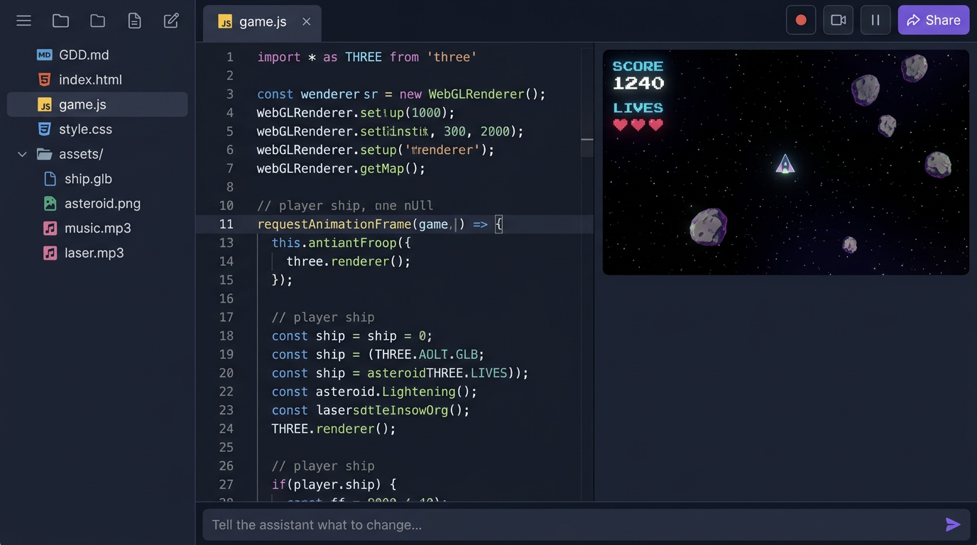 The Cinevva creator IDE in dark mode. Three panels: a file tree on the left with GDD.md, index.html, game.js, style.css and an assets folder; a syntax-highlighted code editor in the middle showing a Three.js renderer setup; and a live game preview on the right showing a top-down neon space shooter with a SCORE and LIVES HUD.