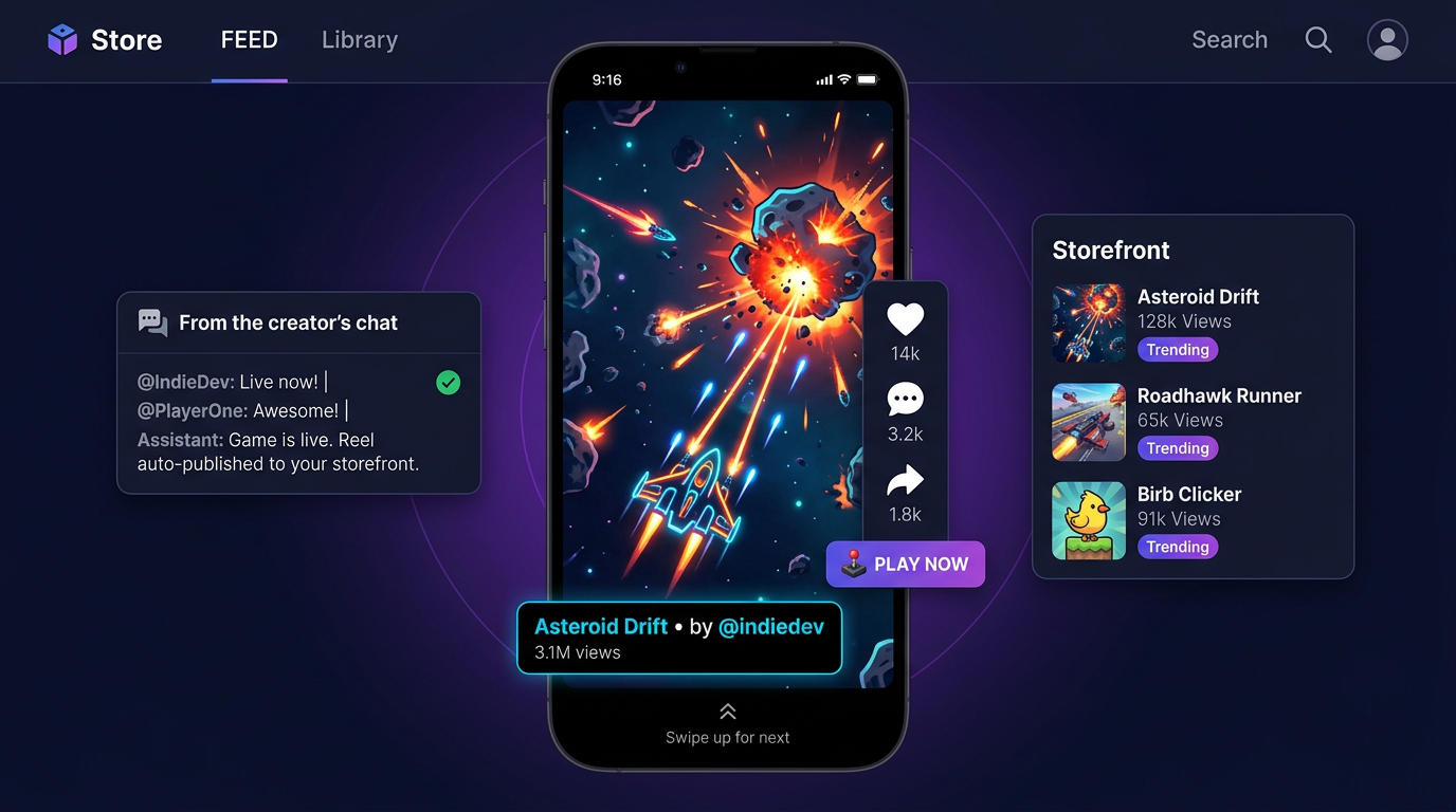 A short-form gameplay reels storefront. In the center, a phone-shaped card plays a portrait video of a neon space shooter mid-combat with social UI icons stacked on the right (a heart with 14k, a chat bubble with 3.2k, a share arrow with 1.8k, and a 'Play Now' button). The reel label at the bottom reads 'Asteroid Drift • by @indiedev • 3.1M views.' To the left, a small chat snippet titled 'From the creator's chat' shows the assistant message 'Game is live. Reel auto-published to your storefront.' To the right, a Storefront panel lists three trending games: Asteroid Drift, Roadhawk Runner, and Birb Clicker, each with a view count and a 'Trending' badge.