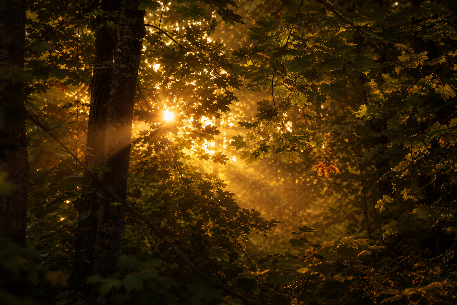 Dense forest canopy with overlapping leaf cards stacked behind each other in front of a setting sun, suggesting heavy overdraw