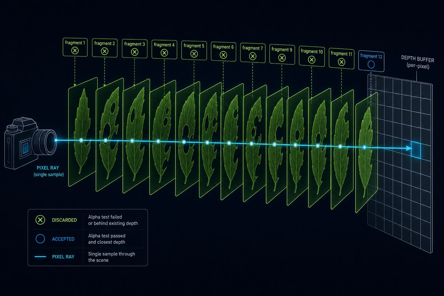 Side view of a single screen pixel ray passing through twelve overlapping leaf cards, with each card highlighted to show stacked alpha-tested fragments