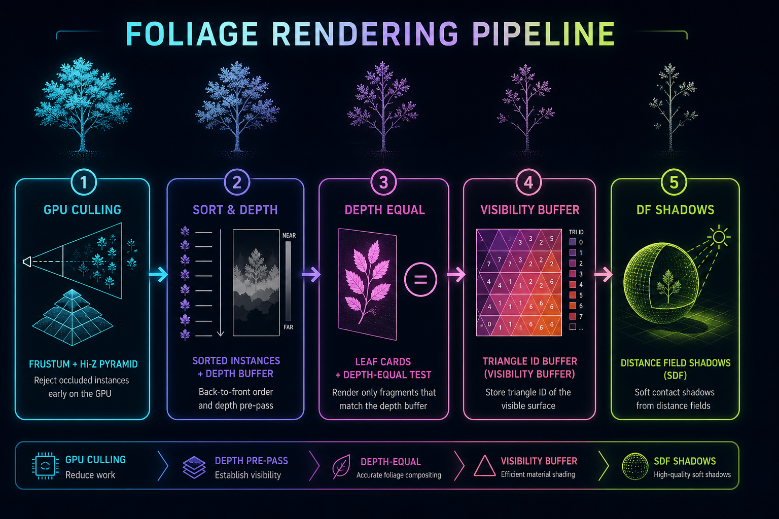 Diagram showing the foliage rendering pipeline as five stacked stages: GPU culling, sorted prepass, masked color pass with depth-equal, visibility-buffer shading, and separate distance-field shadow path