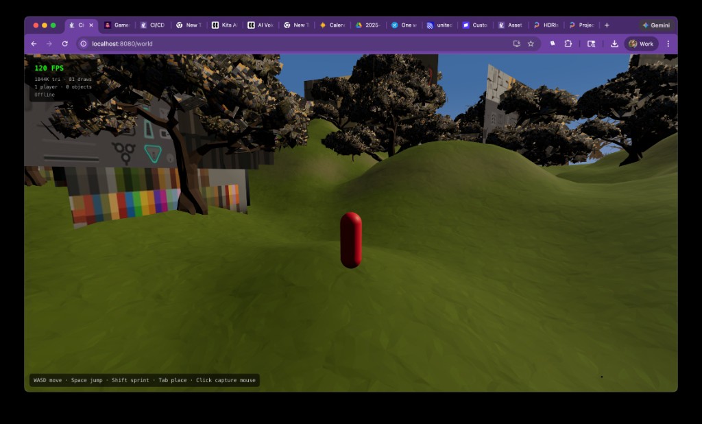 The open world running in a browser at 120 FPS — terrain, trees, physics, and a player capsule, all rendered in a single tab