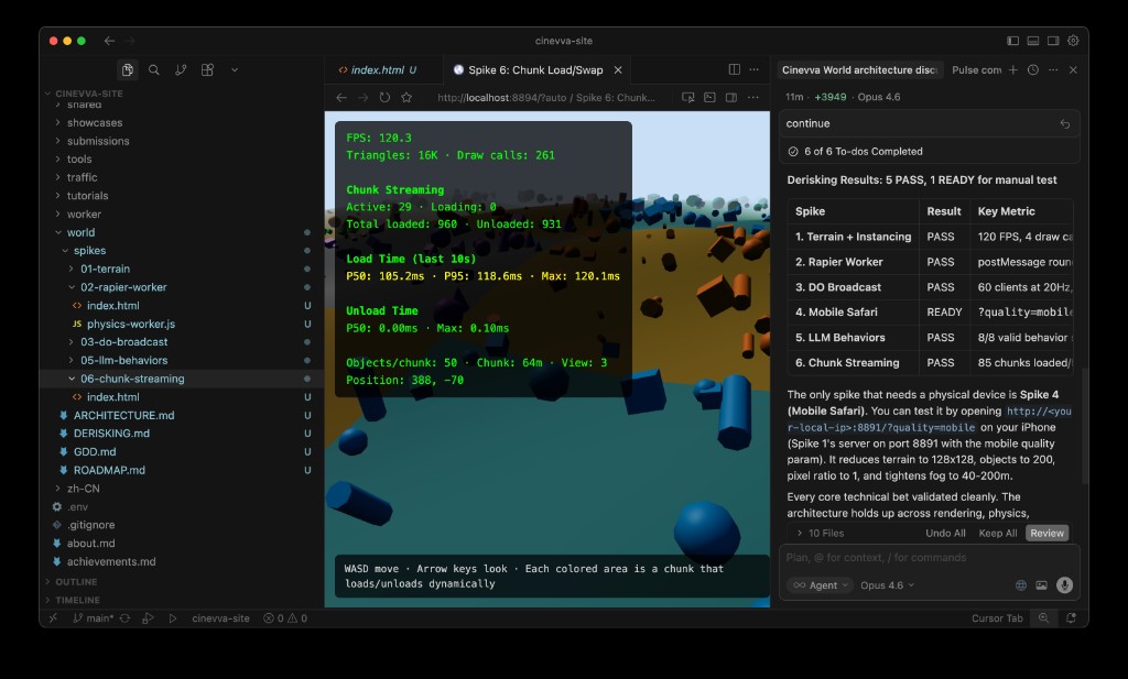Spike 6: Chunk streaming in action — each colored area is a terrain chunk that loads and unloads dynamically as the camera moves