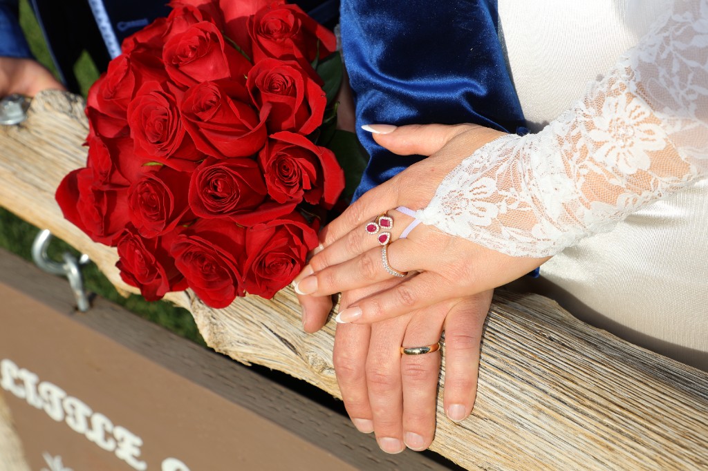 Wedding rings and bouquet